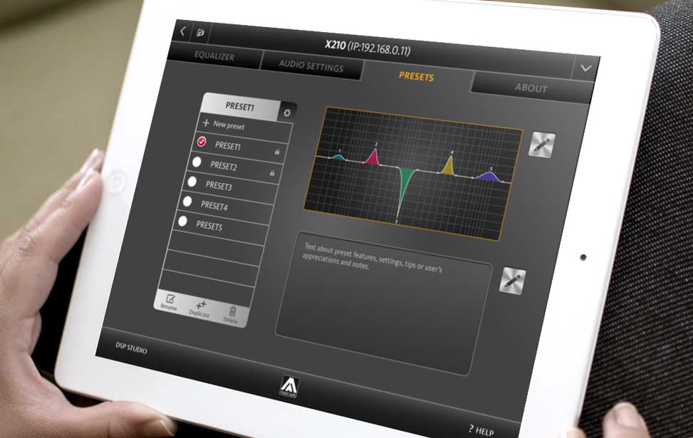 Aplicación móvil para la configuración y monitorización de la família de altavoces Xcellence, permitiendo interconectar todos los elementos del line array y modificar sus parámetros de audio.