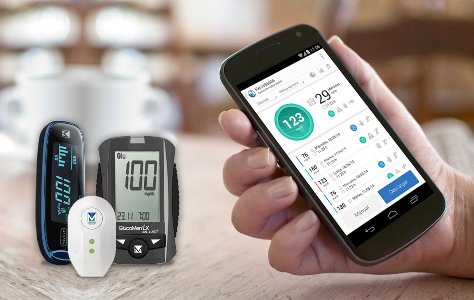 Aplicación móvil de conexión bluetooth con glucómetros para smartphones y tablets. La app descarga y muestra los valores de glucosa en sangre automáticamente.